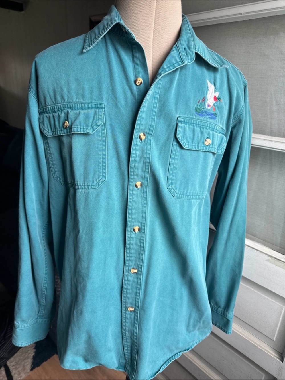 Vtg Cabela’s Duck Embroidered Shirt Mens Sz L Tall Green Long Sleeve 100% Cotton